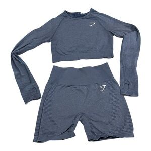 GYMSHARK Athletic Bluesh Gray Long Sleeve Crop Top and Shorts Set